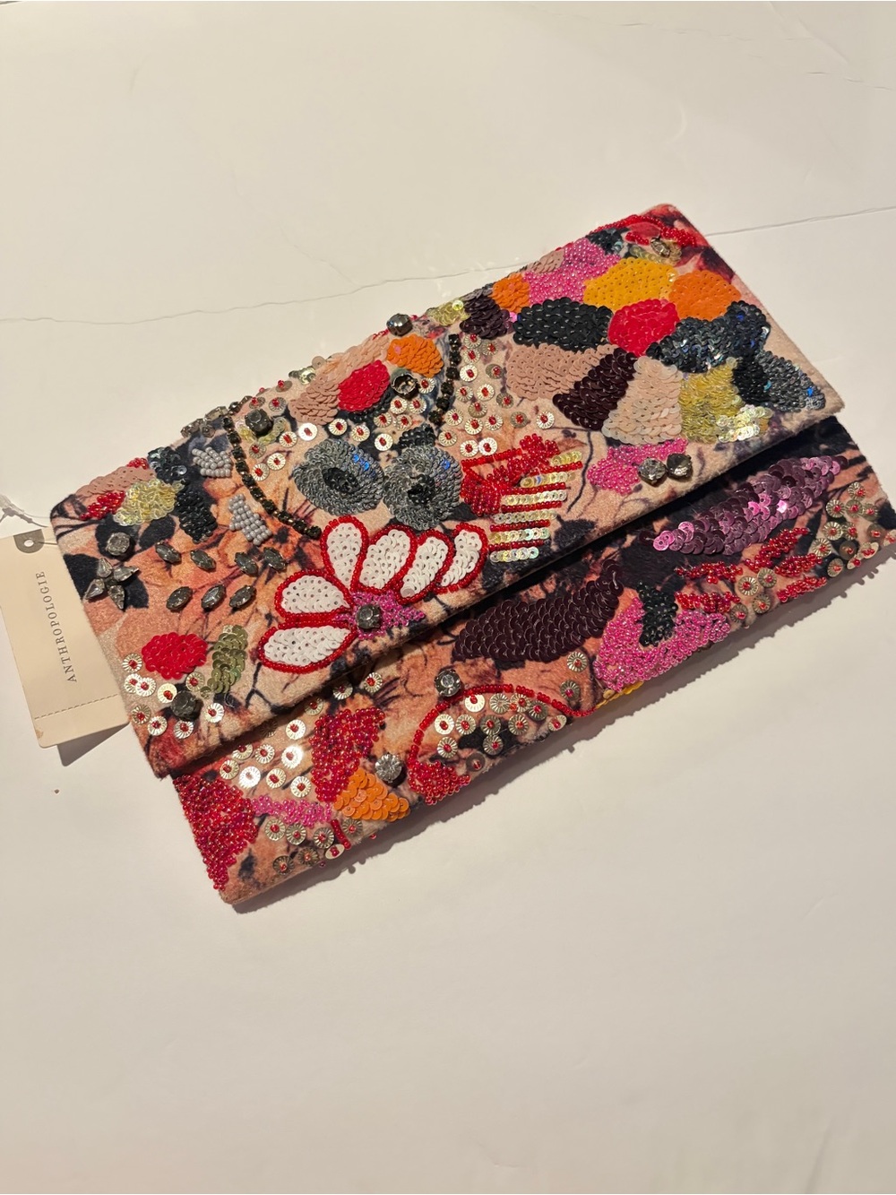 Anthropologie Sparkled Flora Envelope Clutch Heavy Embellished Floral Maximalist